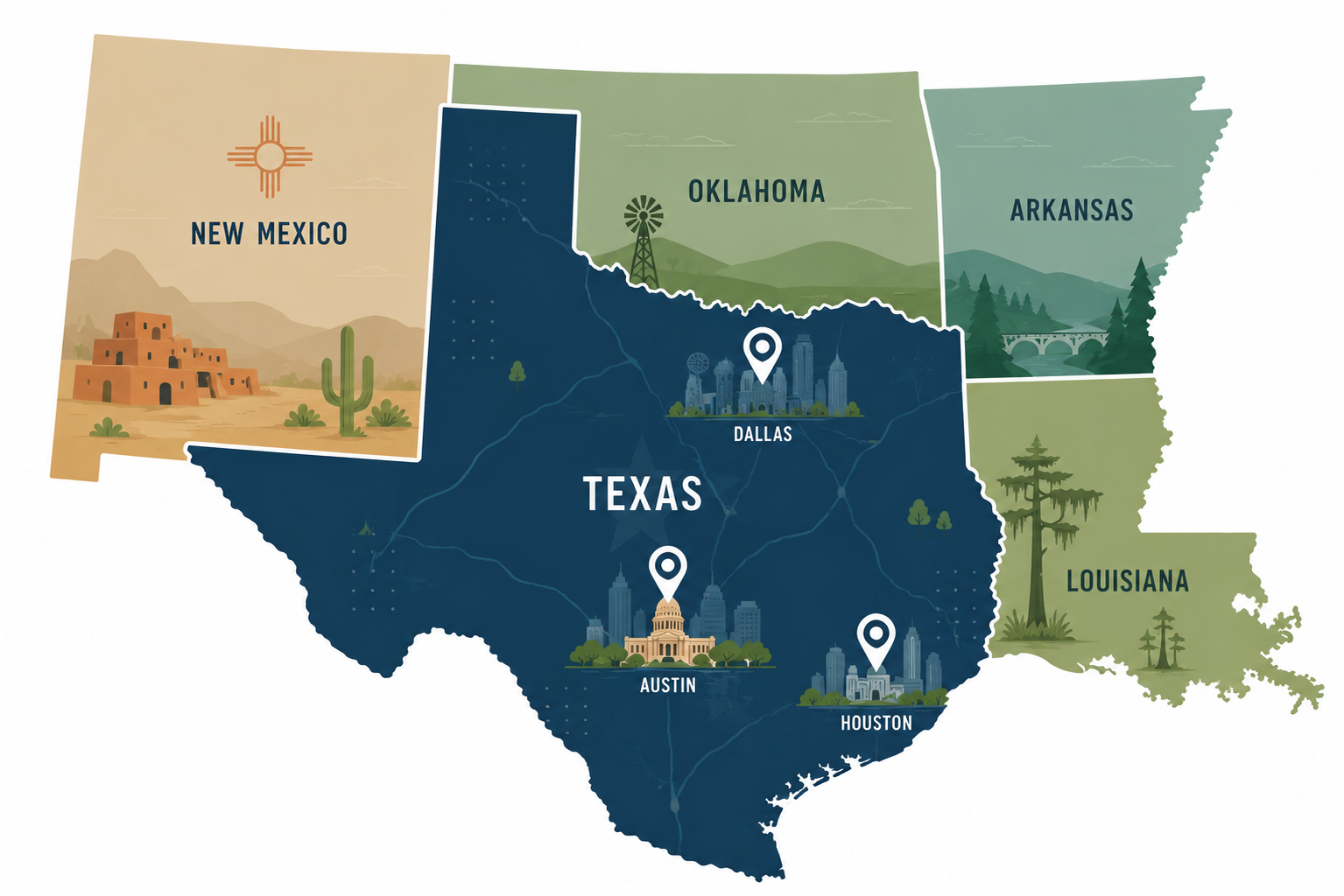 Delta Food Supplies distribution map covering Texas, New Mexico, Oklahoma, Arkansas, and Louisiana